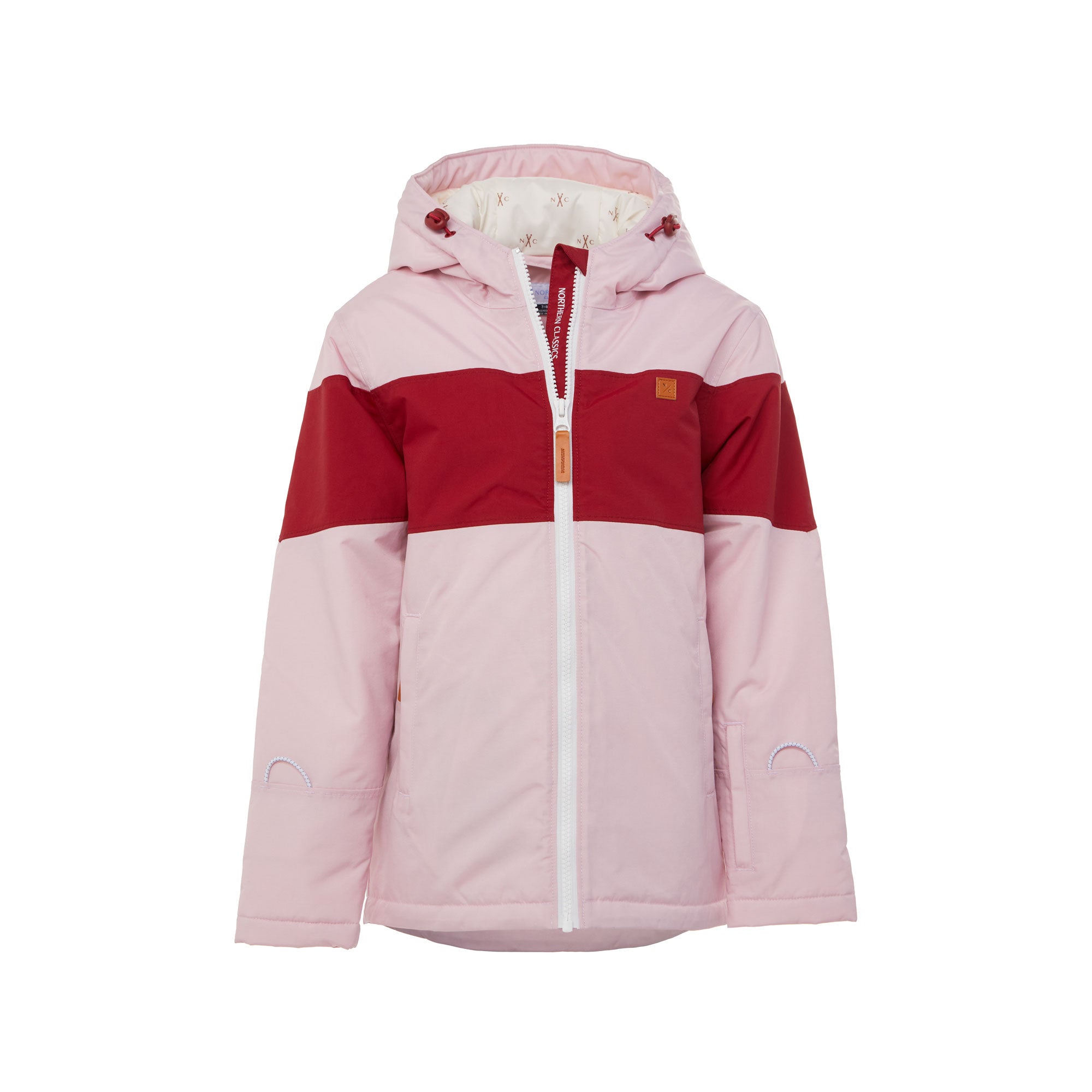 Kids red and light pink winter coat for skiing and snow play, with warm insulation and waterproof outer shell for full cold weather protection and hood