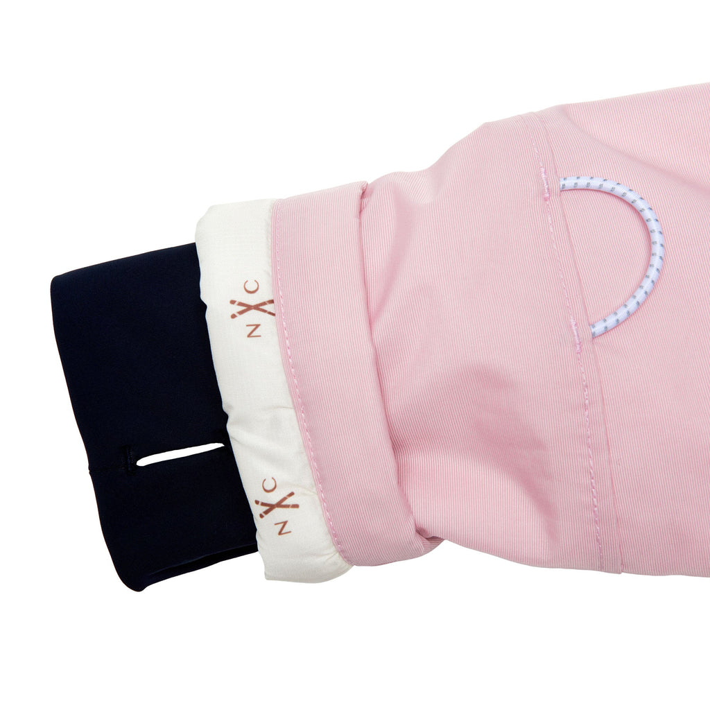 Kids red and light pink winter coat for skiing and snow play, with warm insulation and waterproof outer shell for full cold weather protection and hood