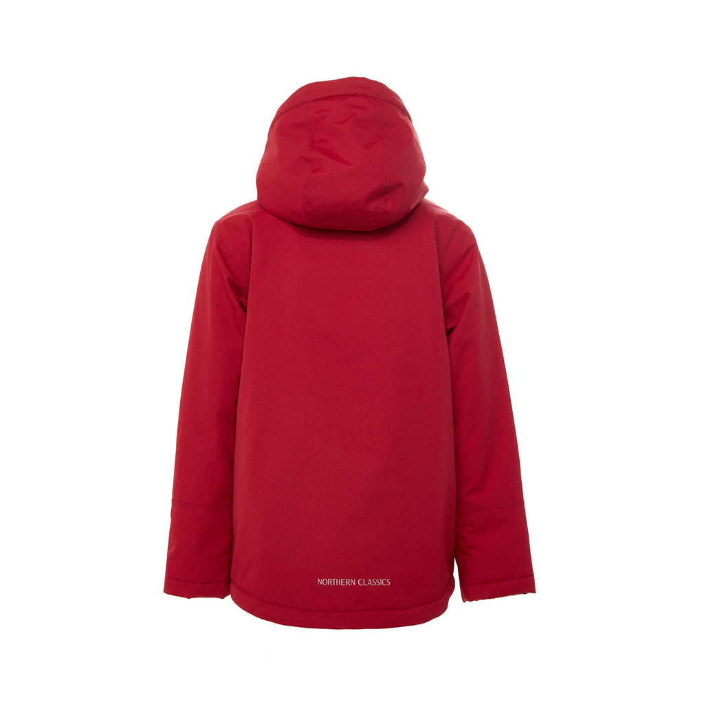 Kids red winter coat for skiing and snow play, with warm insulation and waterproof outer shell for full cold weather protection and hood