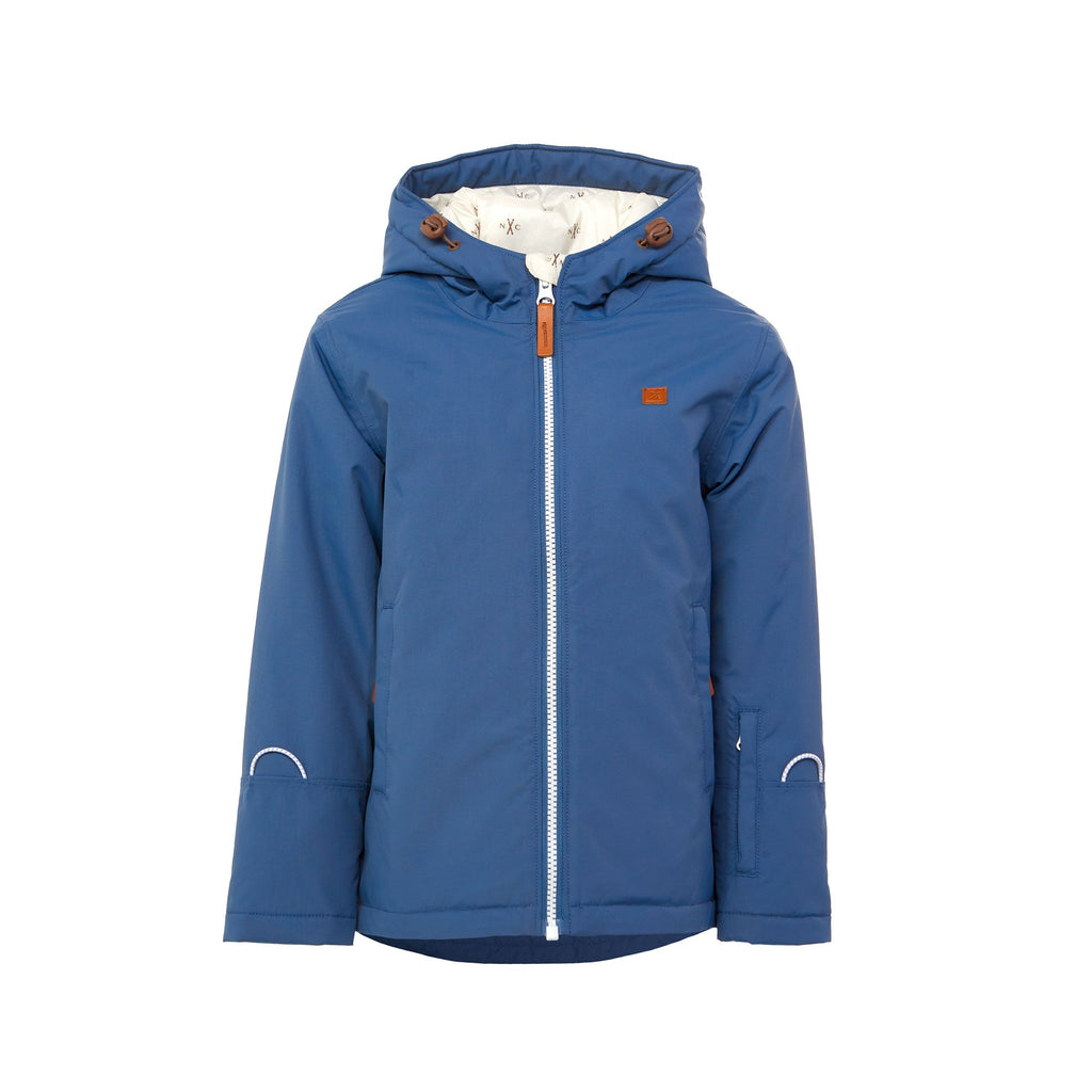 Kids blue winter coat for skiing and snow play, with warm insulation and waterproof outer shell for full cold weather protection and hood