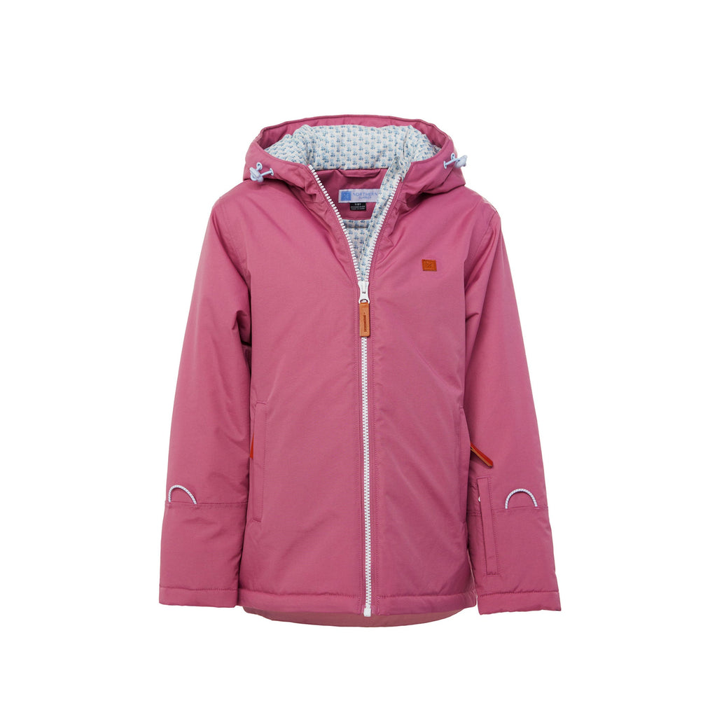 Girls pink winter coat for skiing and snow play, with warm insulation and waterproof outer shell for full cold weather protection and hood