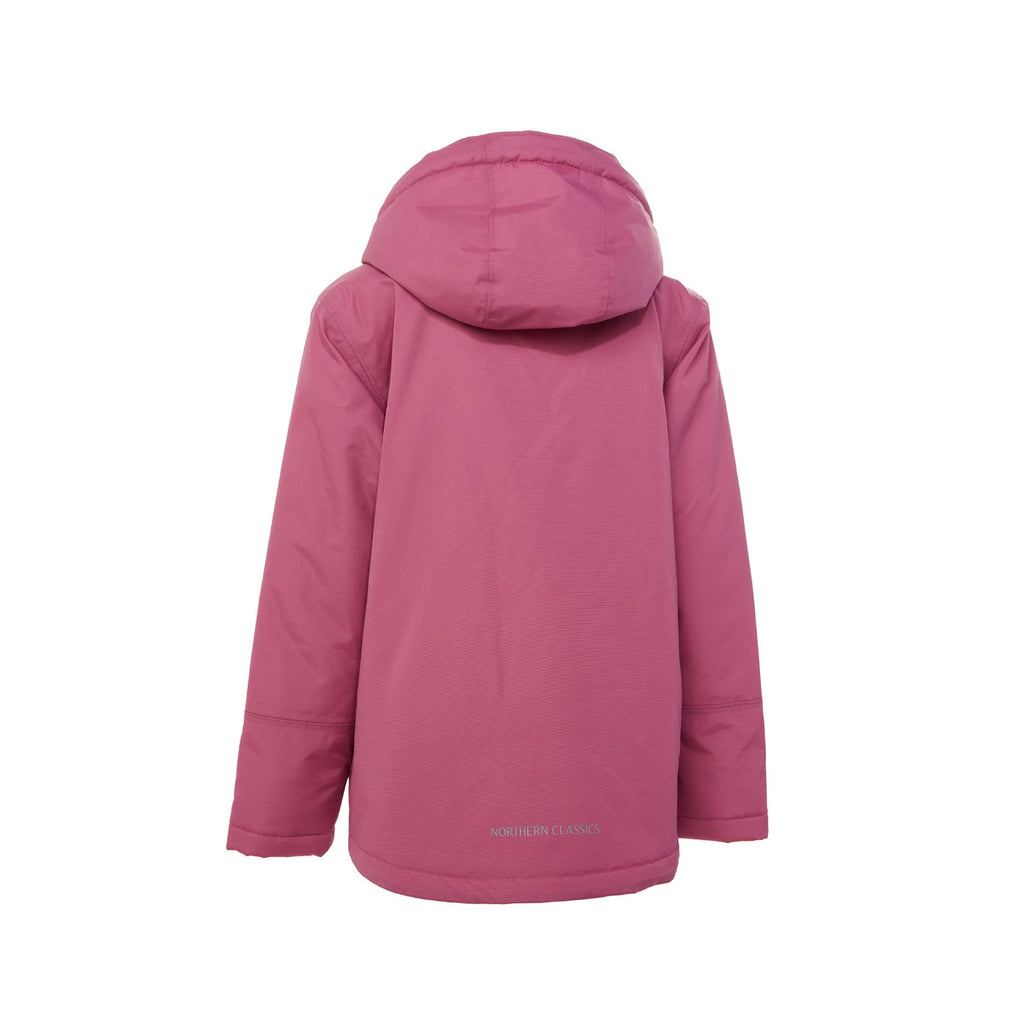 Girls pink winter coat for skiing and snow play, with warm insulation and waterproof outer shell for full cold weather protection and hood