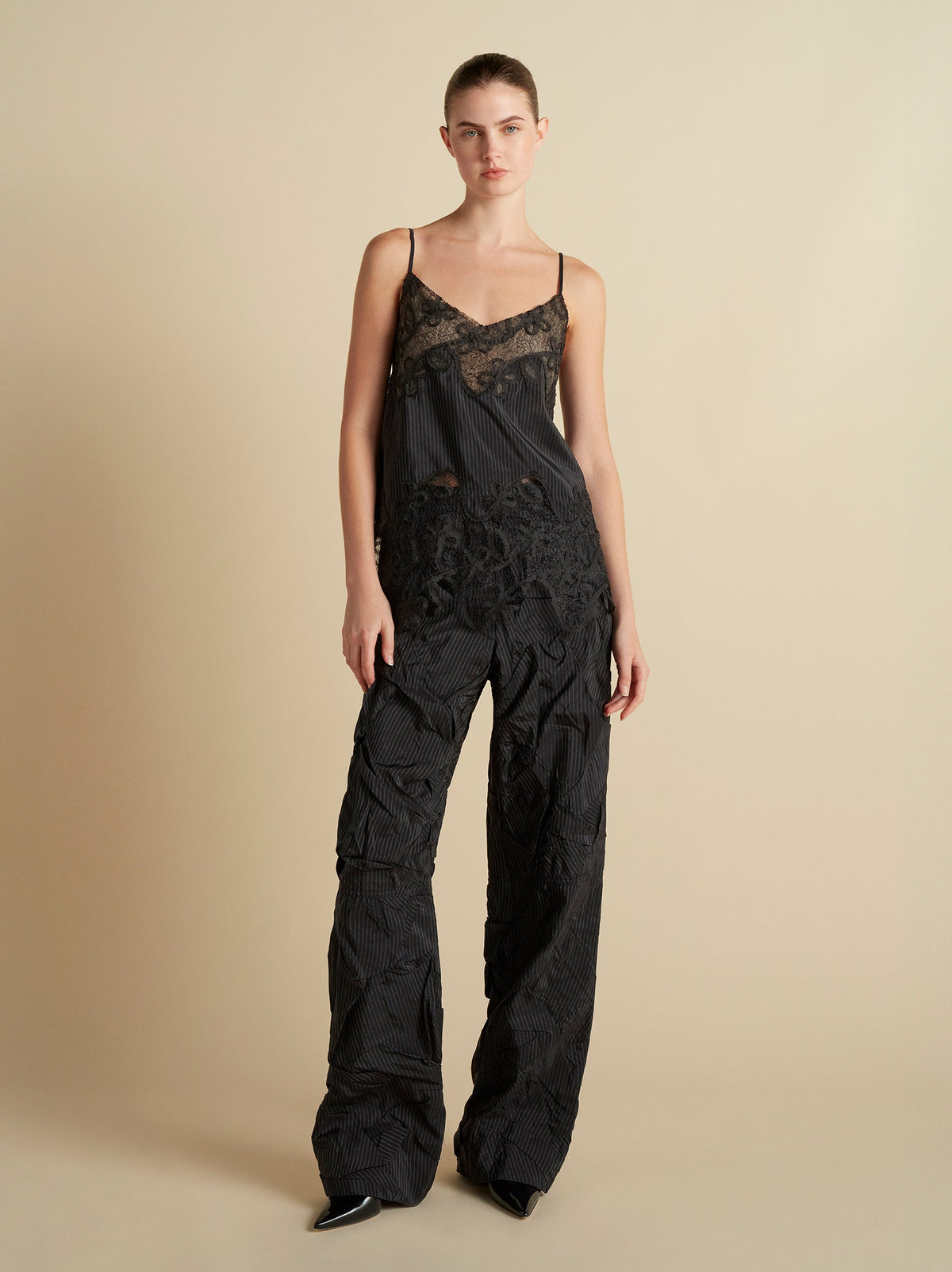 Pinstripe Camisole with Lace Inlay in Navy