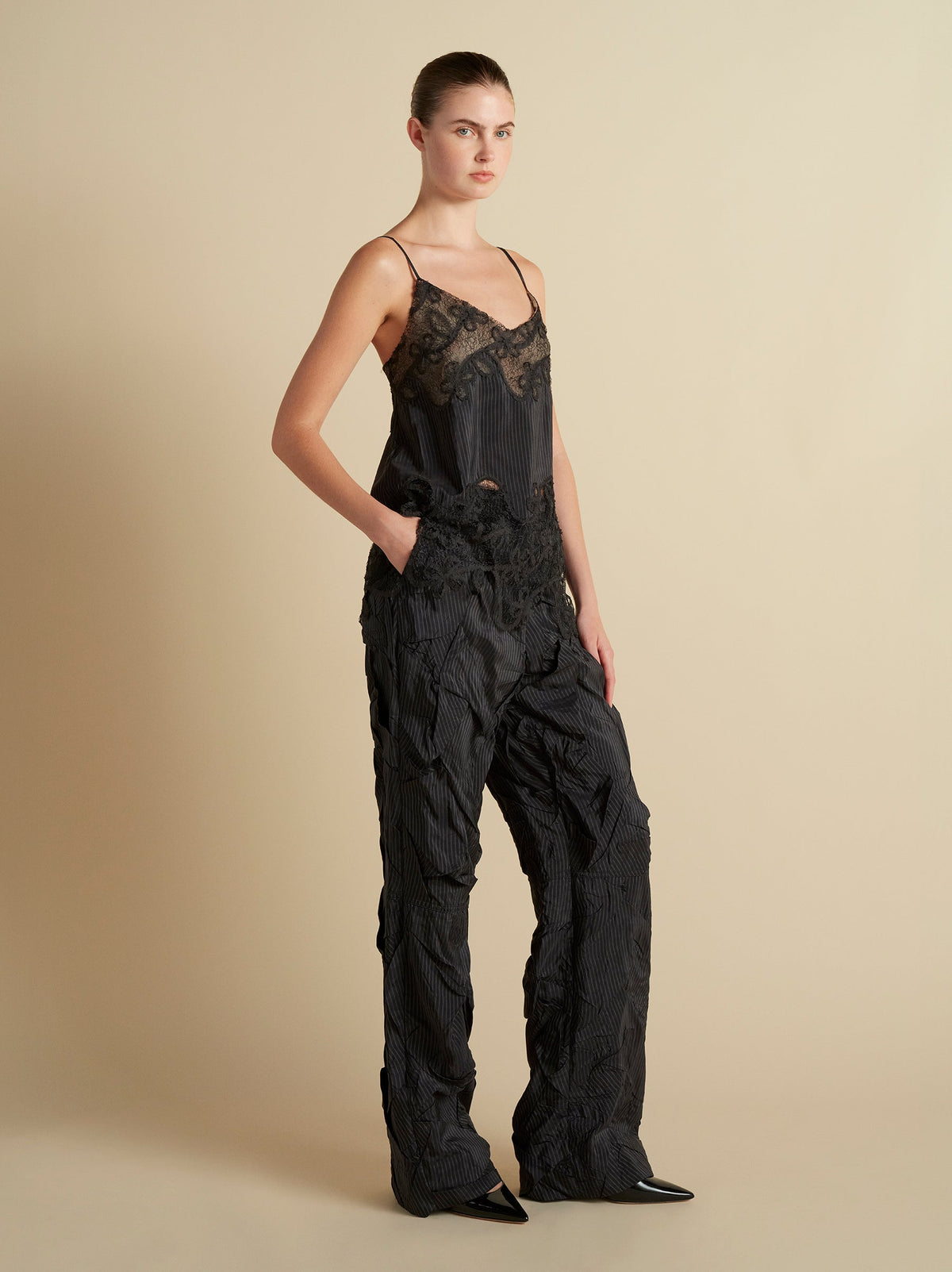 Pinstripe Camisole with Lace Inlay in Navy