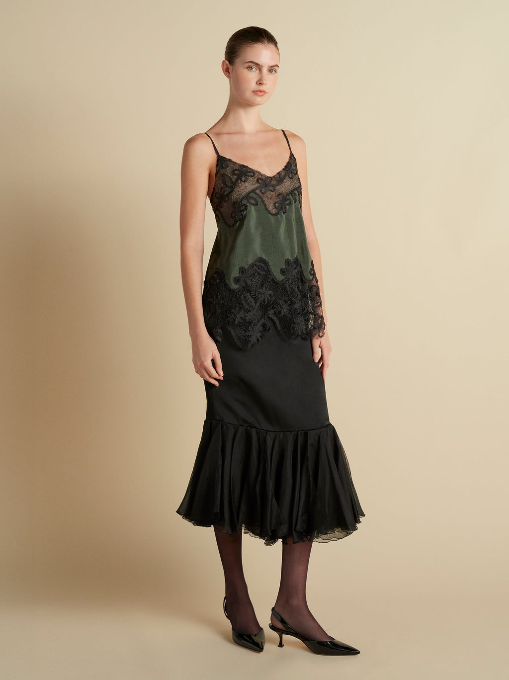 Pinstripe Camisole with Lace Inlay in Pine