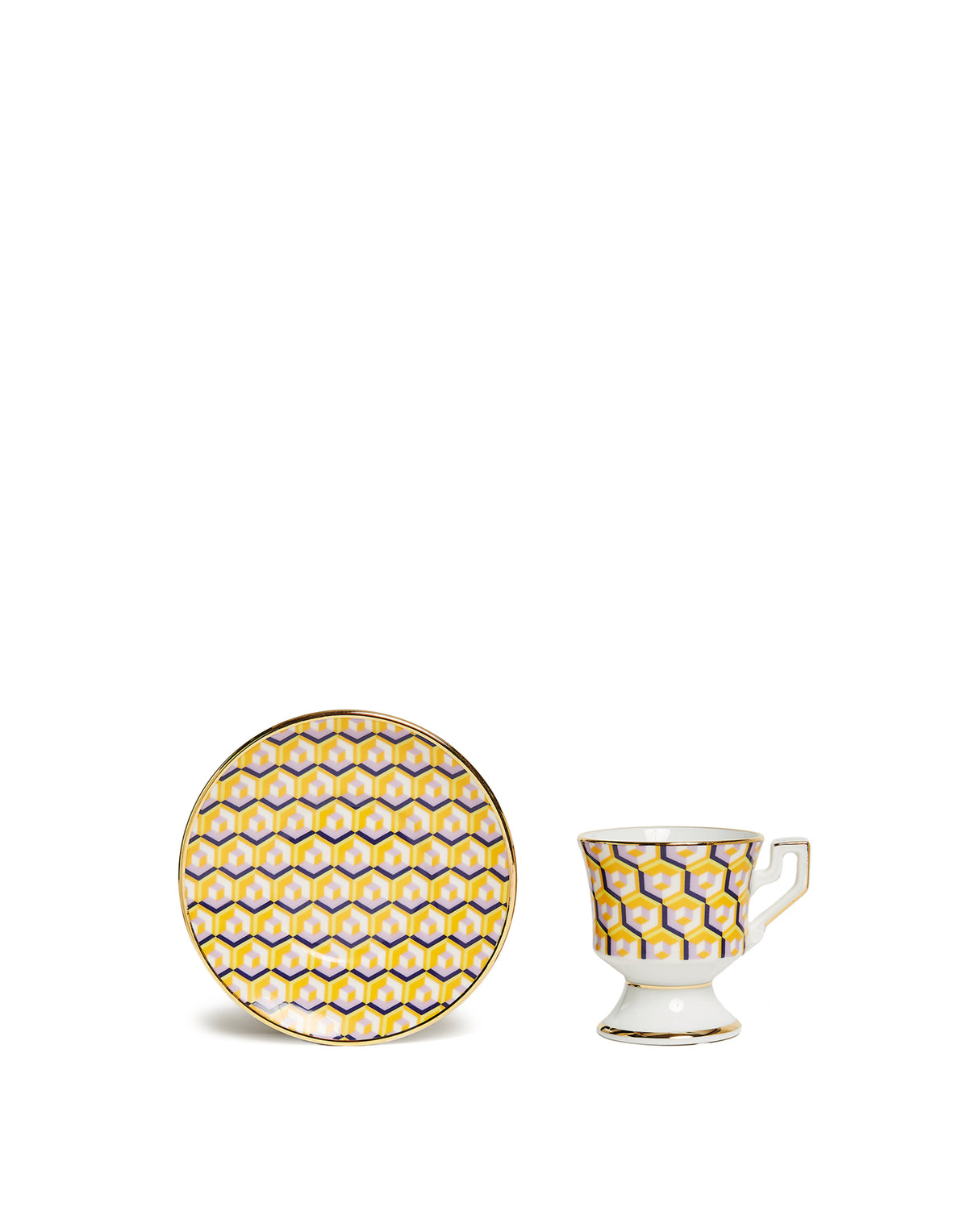 Front view of Espresso Cup in Cubi Mix showcasing geometric print and gold trim with matching saucer on white background