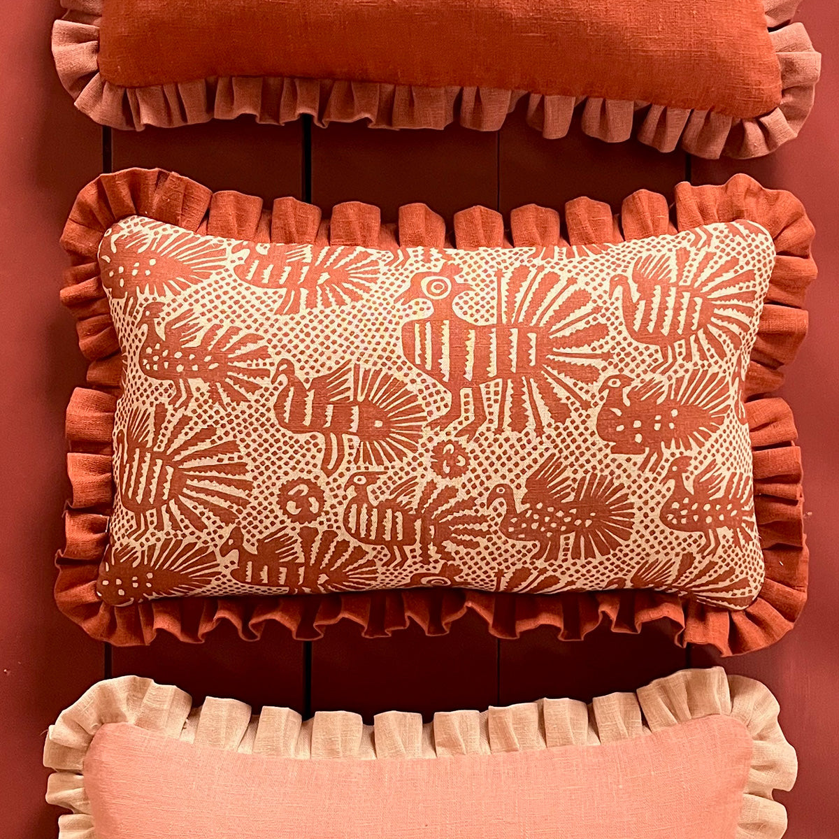 Sirin Terracotta Print Cushion with Terracotta Frill