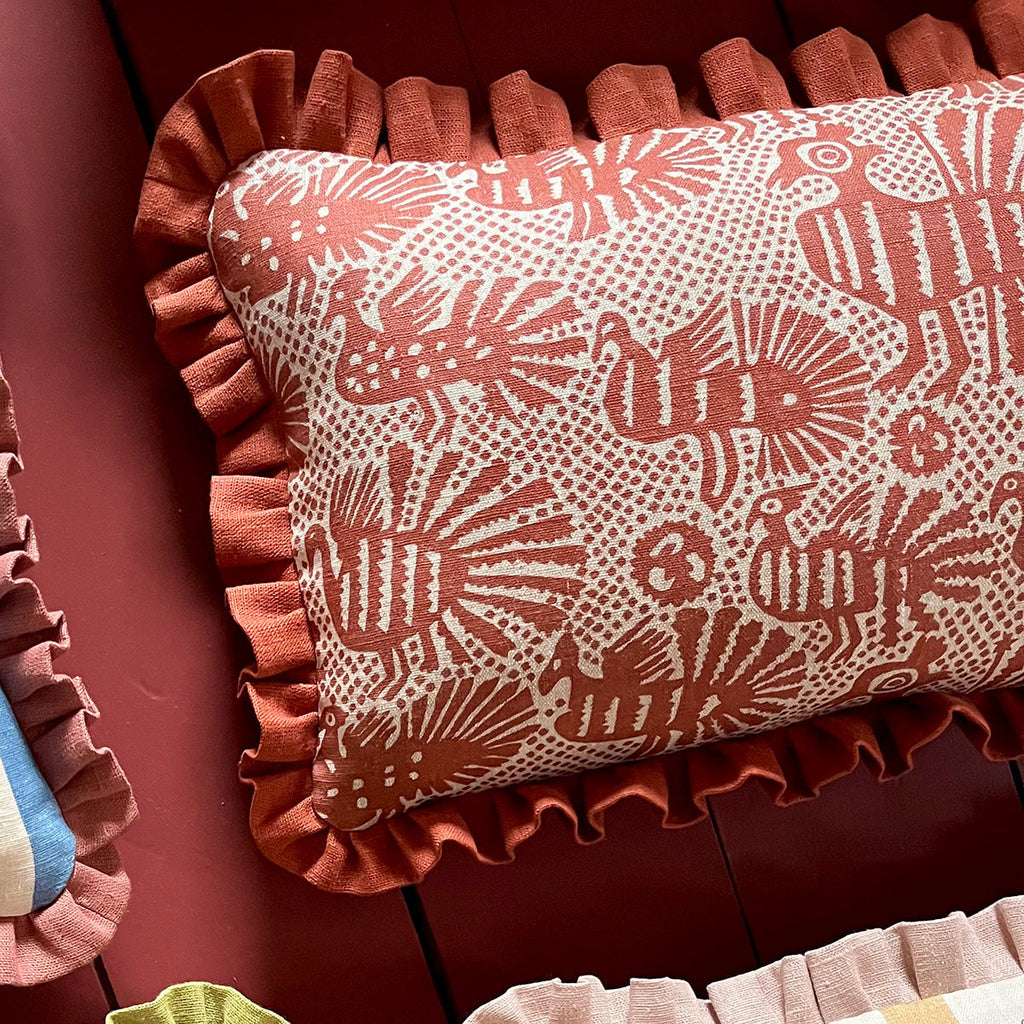 Sirin Terracotta Print Cushion with Terracotta Frill
