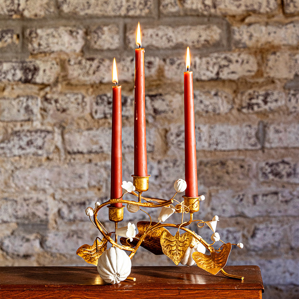 Forest Walk Pumpkin & Vine Triple Candlestick Holder in Gold