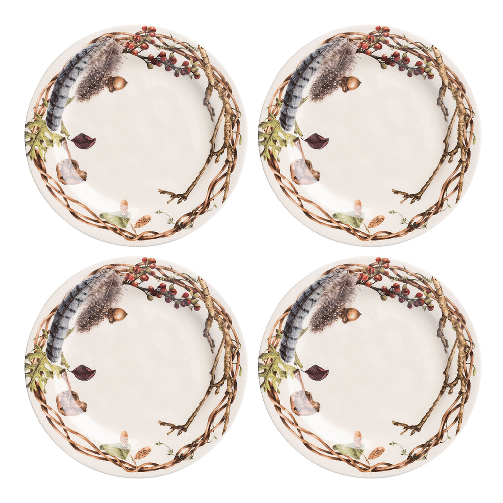 Top view of Forest Walk party plates, set of four, showing twig, acorn, and feather border on cafe au lait background