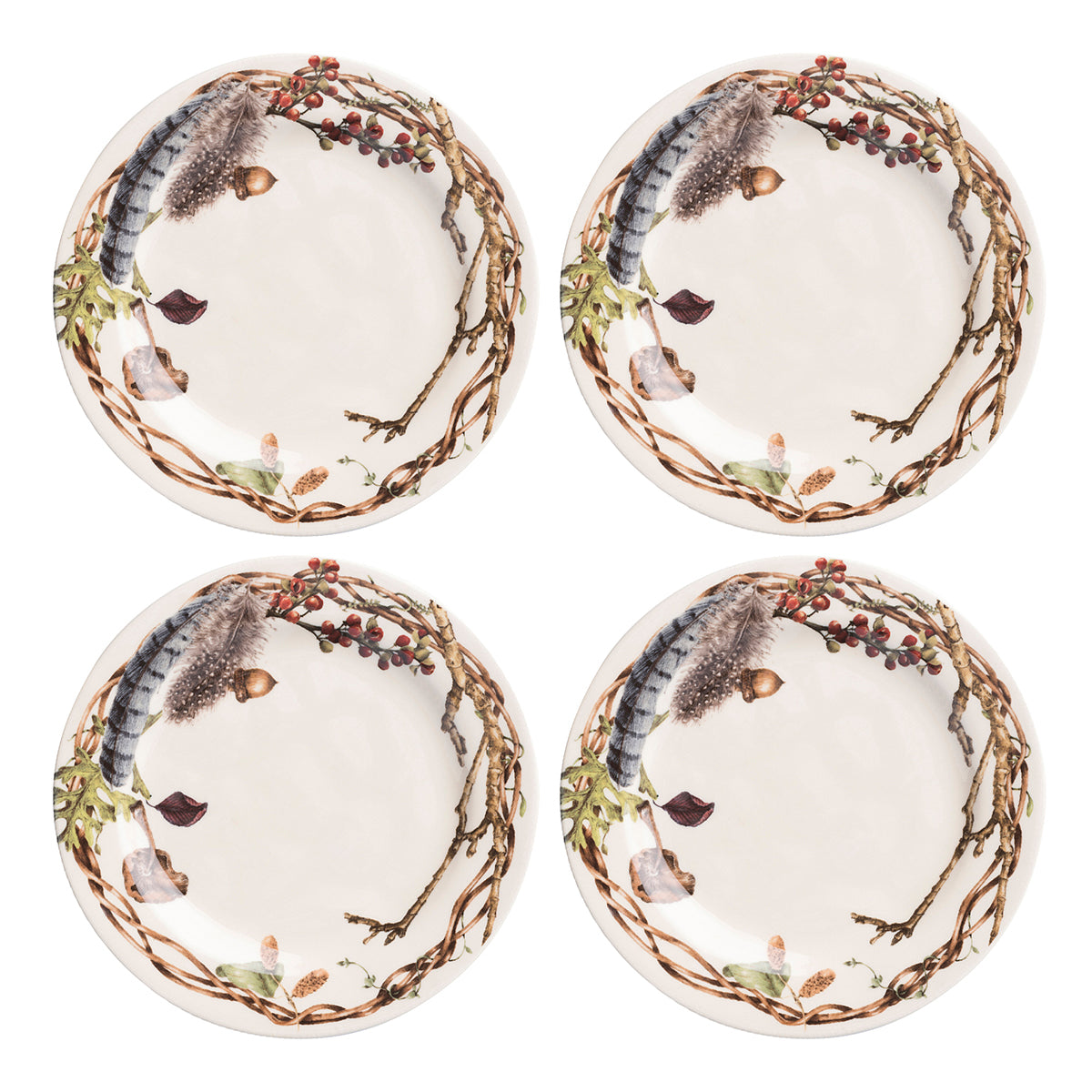 Top view of Forest Walk party plates, set of four, showing twig, acorn, and feather border on cafe au lait background