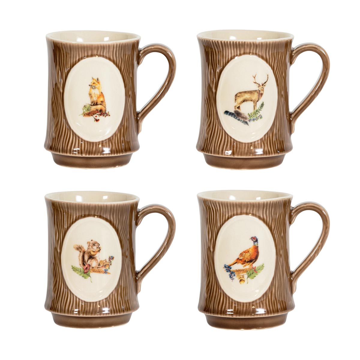 Front view of Forest Walk Animal Mug set of 4 with woodland animal motifs and brown ridged stoneware on white