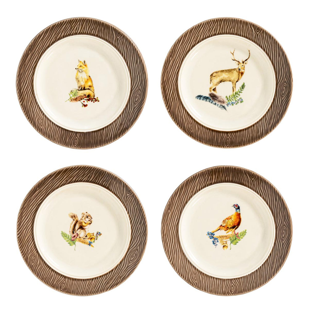 Overhead of Forest Walk cocktail plates, set of 4 with woodland animal illustrations and woodgrain rim