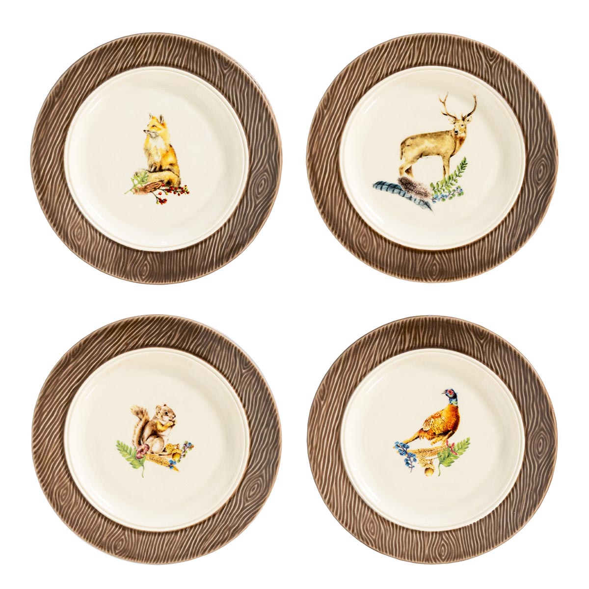 Overhead of Forest Walk cocktail plates, set of 4 with woodland animal illustrations and woodgrain rim