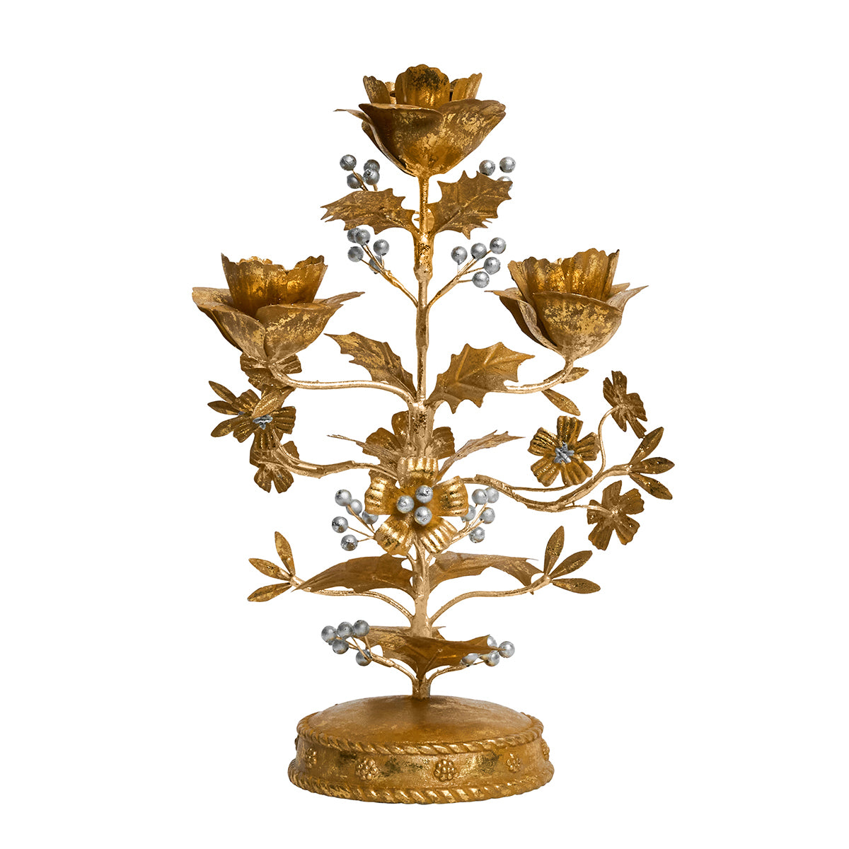 Forest Walk Holly 13" Centerpiece Candelabra in Gold/Silver