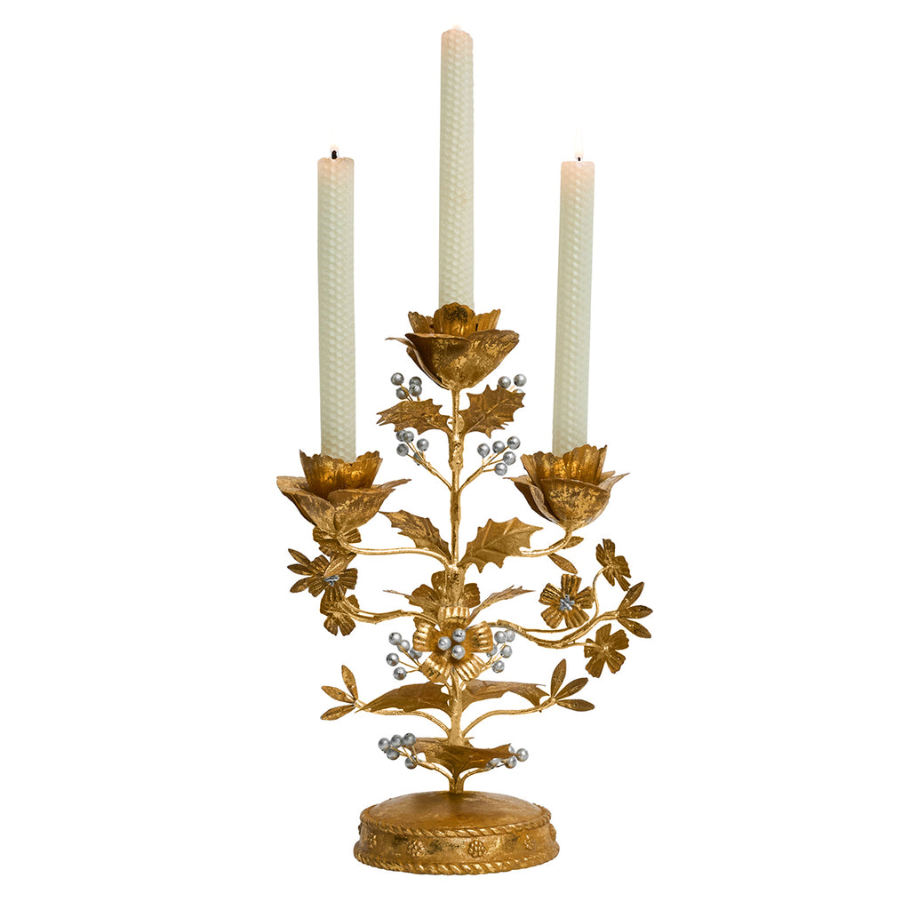 Forest Walk Holly 13" Centerpiece Candelabra in Gold/Silver