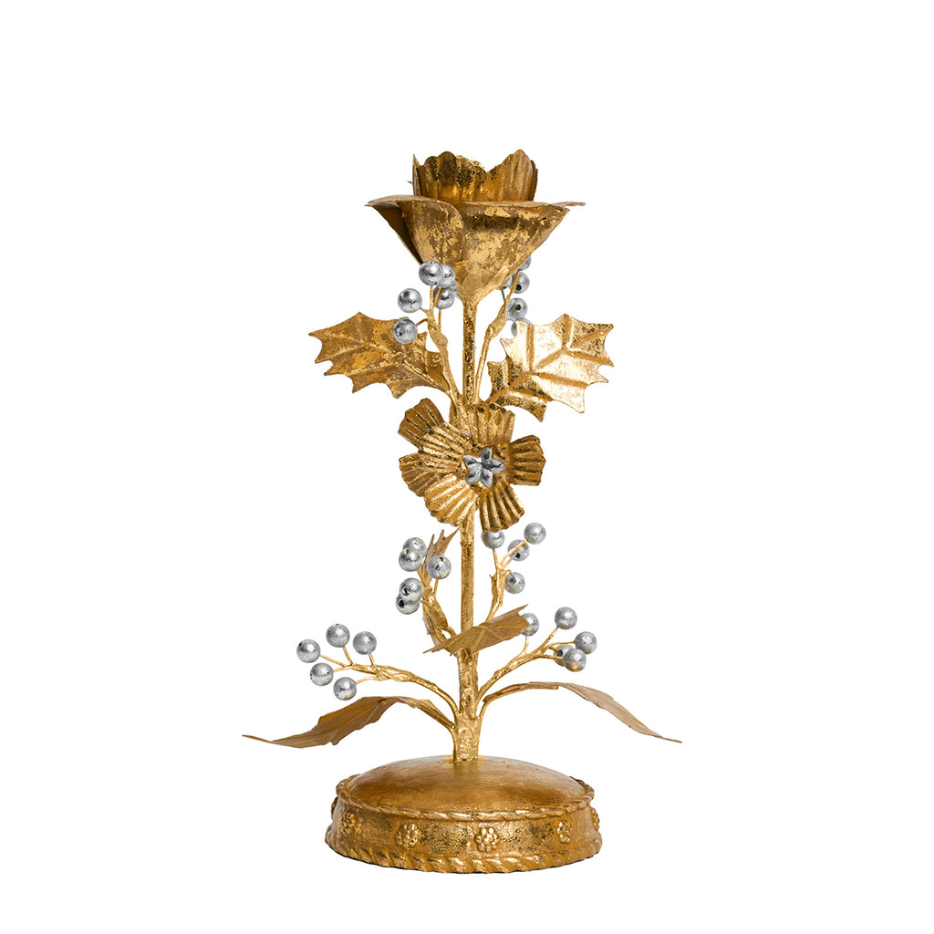 Forest Walk Holly 9" Candlestick in Gold/Silver