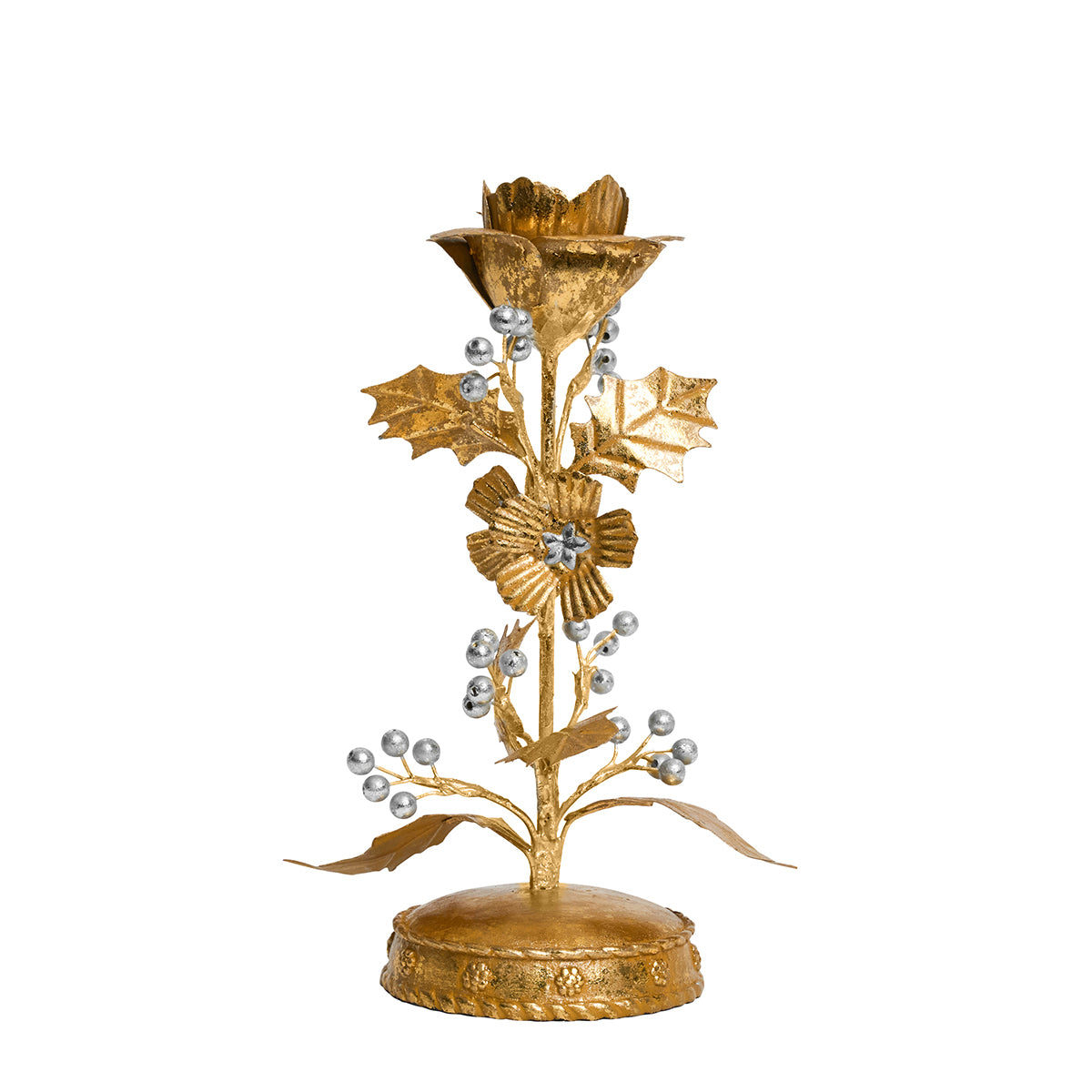 Front view of Forest Walk Holly 9-inch candlestick showcasing hand-painted gold and silver holly leaves, berries, and blooms