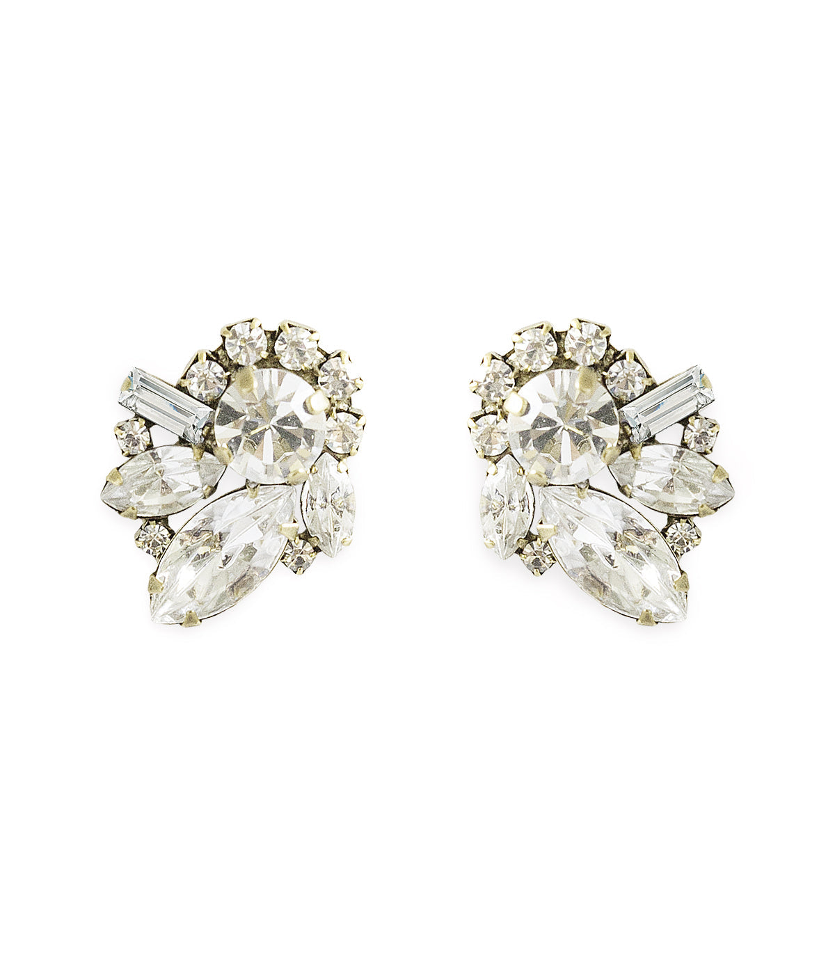 Front view of Cynthia Earrings in Crystal showcasing asymmetrical crystal clusters with an 18K antiqued gold finish on white background