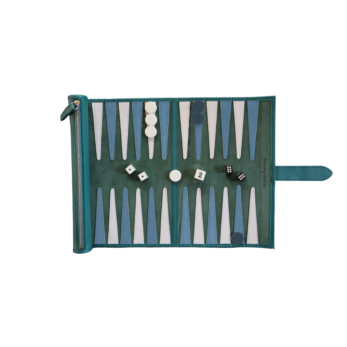 Top-down view of Travel Cyprus Backgammon Board with green suede playing field, blue-and-white points, checkers and dice