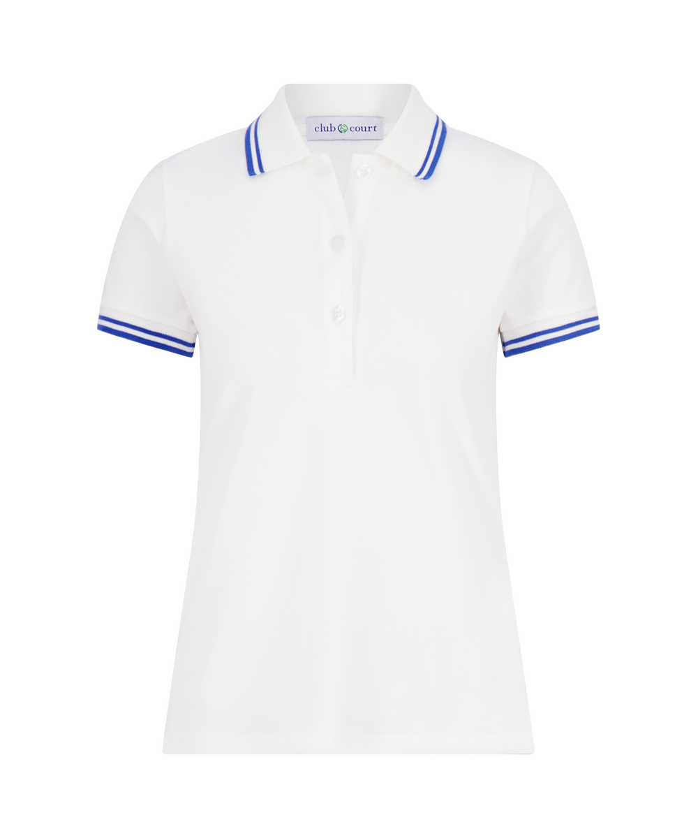 Front view of C&C Polo Shirt showing cadet blue double-trim on collar and sleeves on white background