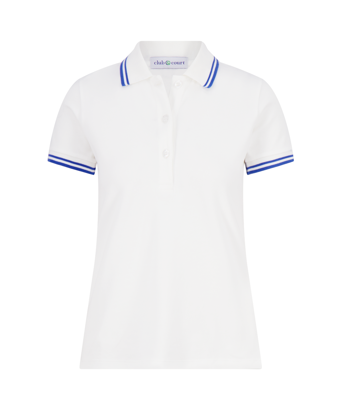 Front view of C&C Polo Shirt showing cadet blue double-trim on collar and sleeves on white background