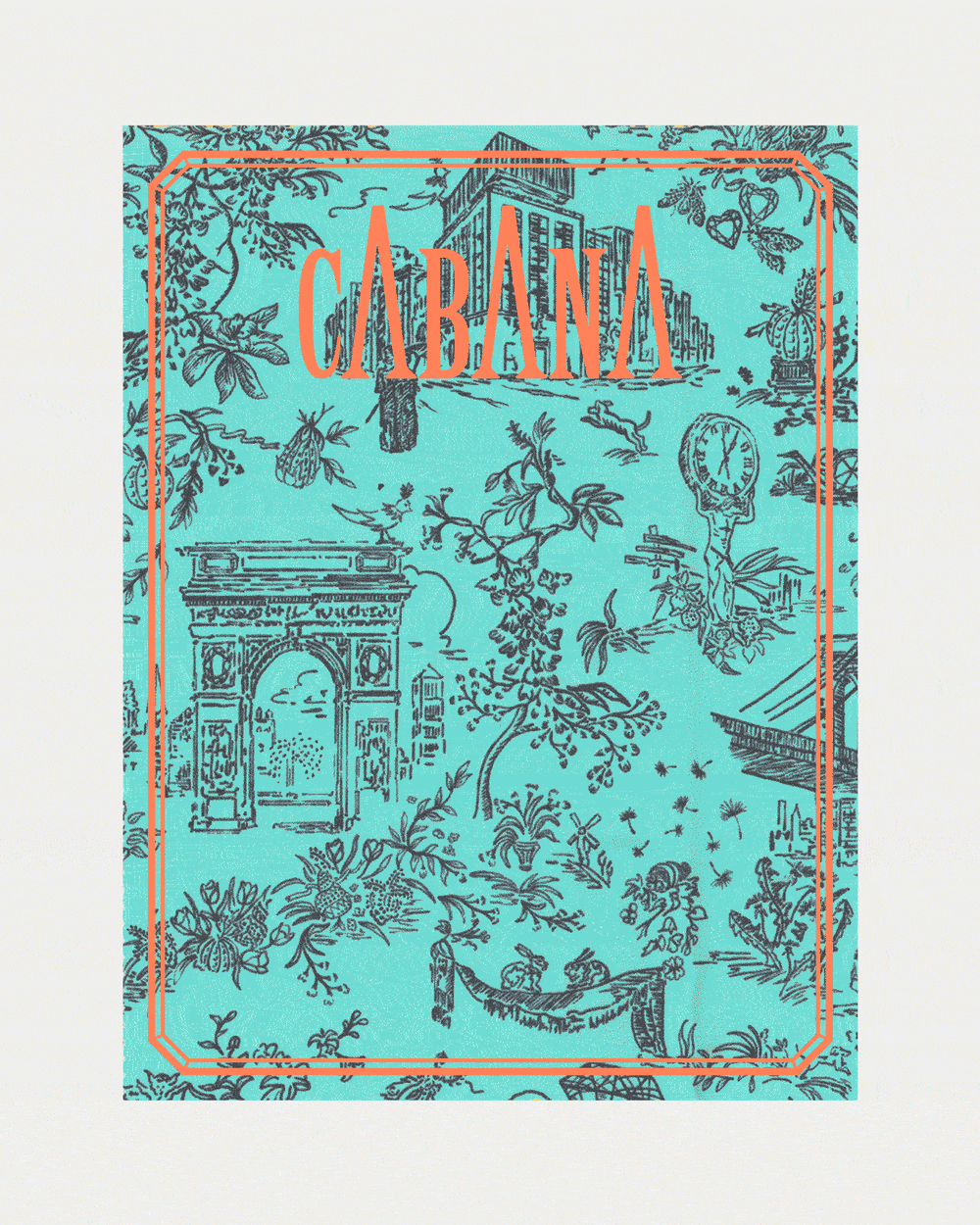 Front cover of Cabana Magazine N20, turquoise background with orange CABANA title, black toile illustrations and orange border