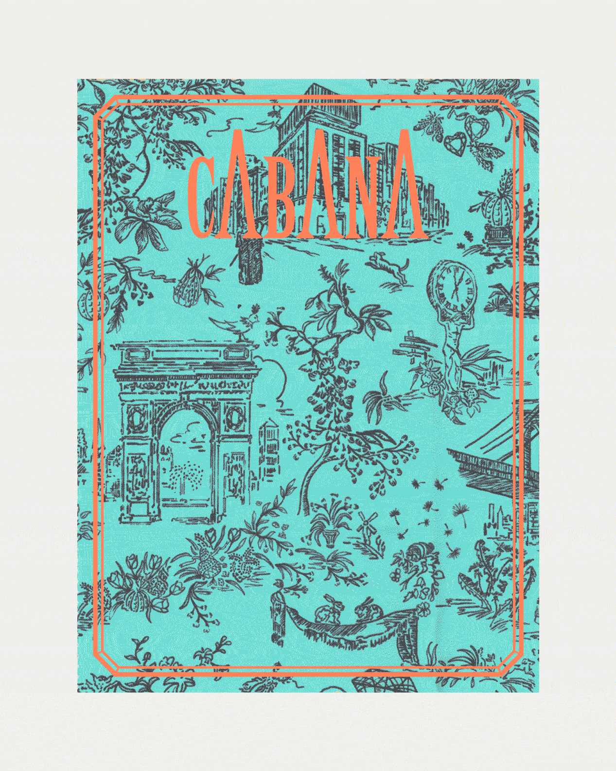 Front cover of Cabana Magazine N20, turquoise background with orange CABANA title, black toile illustrations and orange border
