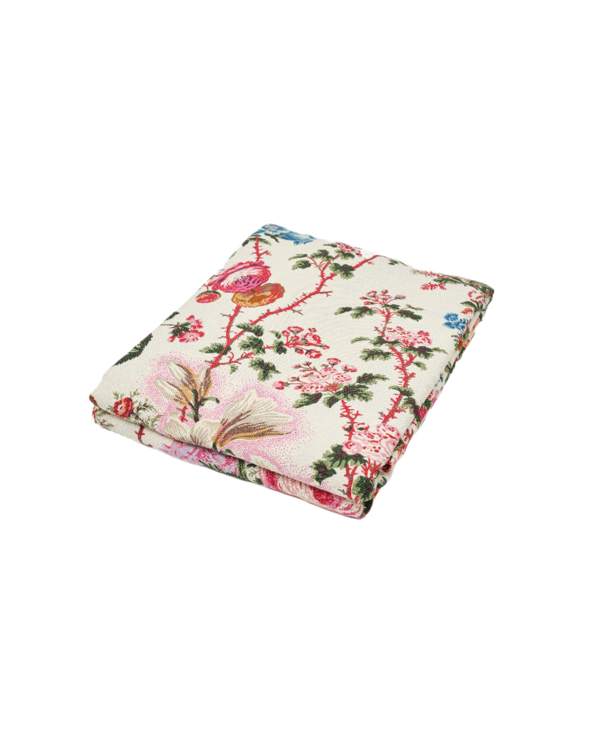 Folded view of D’Ascoli Adoria Tablecloth showcasing vibrant floral motif on a white background