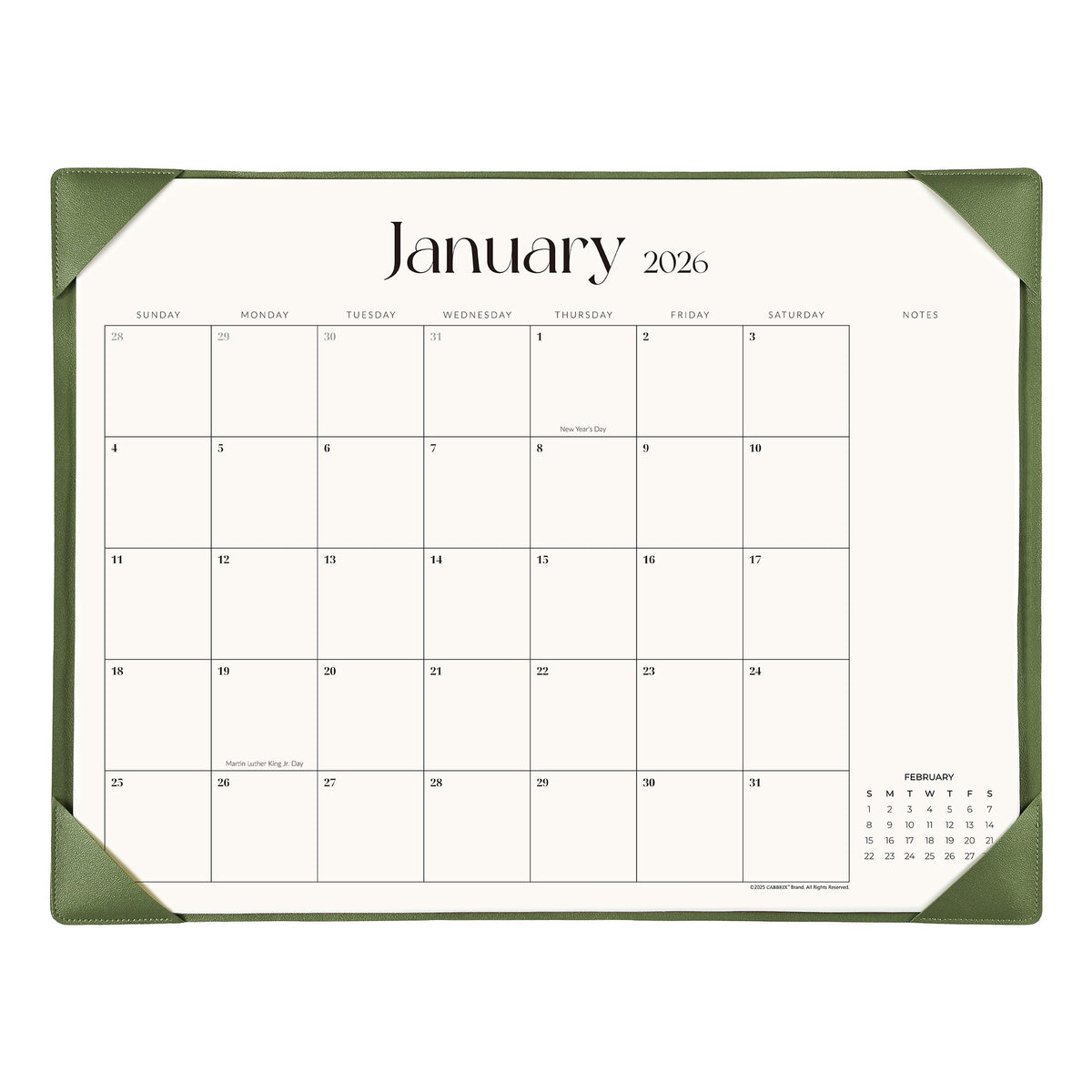 Cabbrix 2026-2027 Desk Calendar, 21"L×17"W, Simplified Style, Green