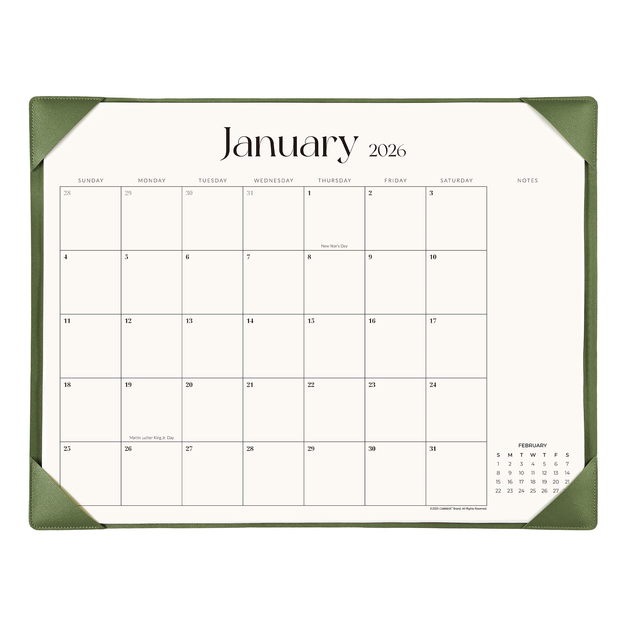 Cabbrix 2026-2027 Desk Calendar, 21"L×17"W, Simplified Style, Green