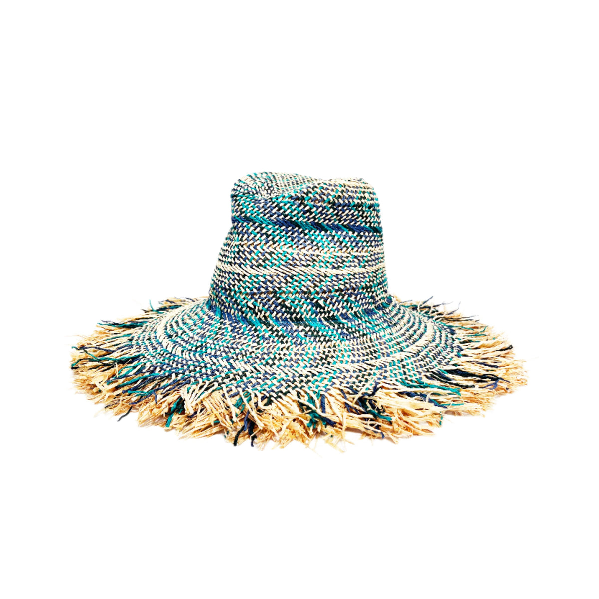 Front view of Cadence Hat in Bathroom Blue showcasing twisted paper, raffia, and fringed brim on white background