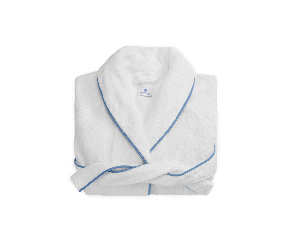 Folded top-down view of Cairo bath robe showcasing azure blue piping on white terry cloth on plain background