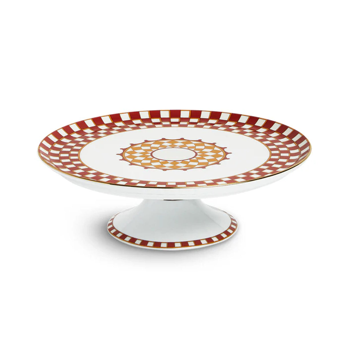 Three-quarter view of Cake Stand in Apollo Mattone showcasing its Sun-God inspired print and 18K gold rim with a white background