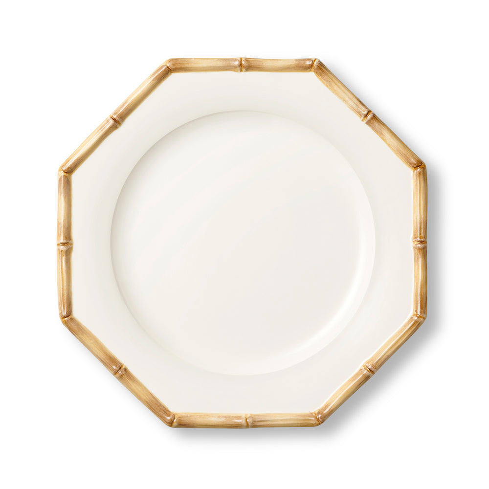 Top view of Caleen Dinner Plate showcasing geometric shape and hand-painted bamboo rim and base with a white background