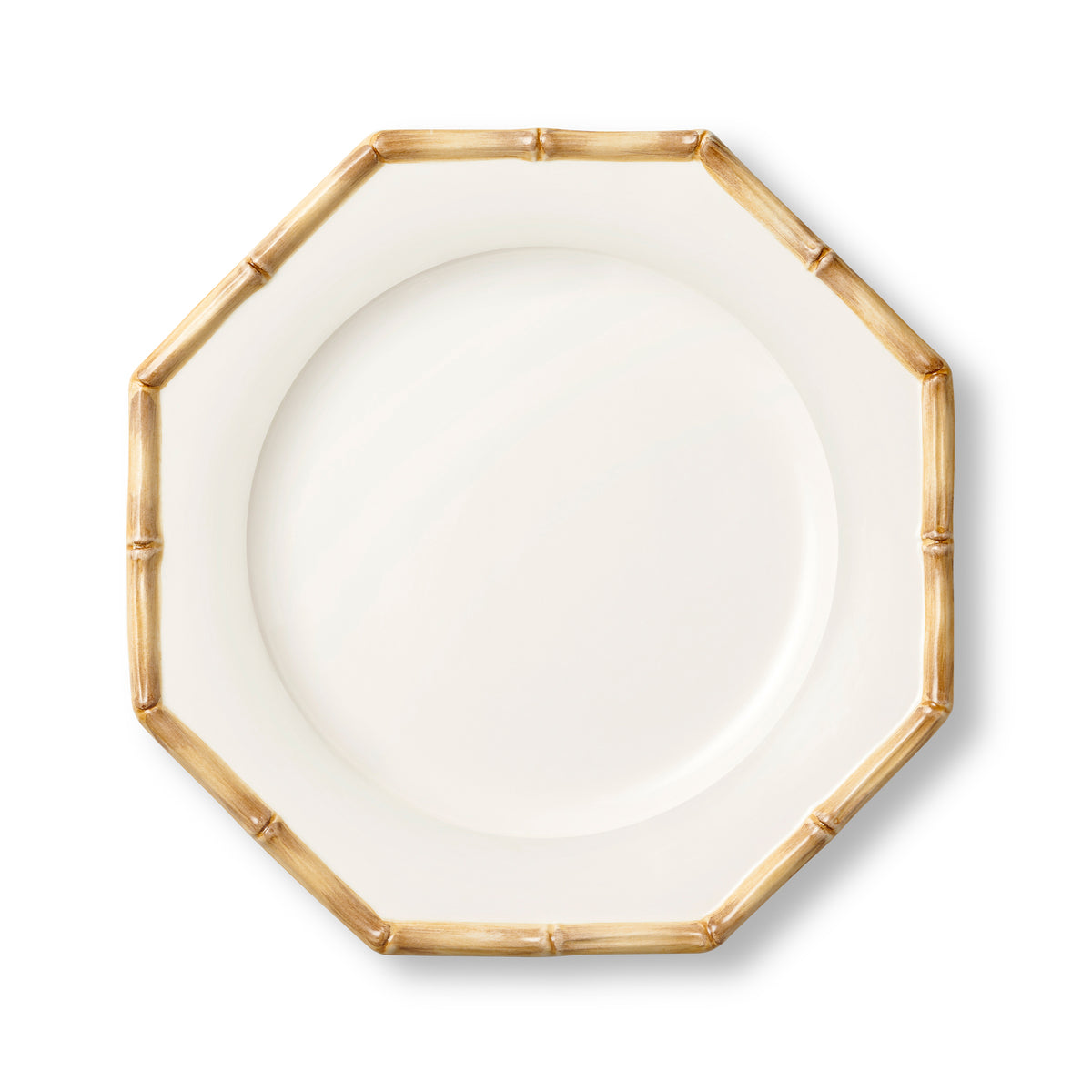 Top view of Caleen Dinner Plate showcasing geometric shape and hand-painted bamboo rim and base with a white background