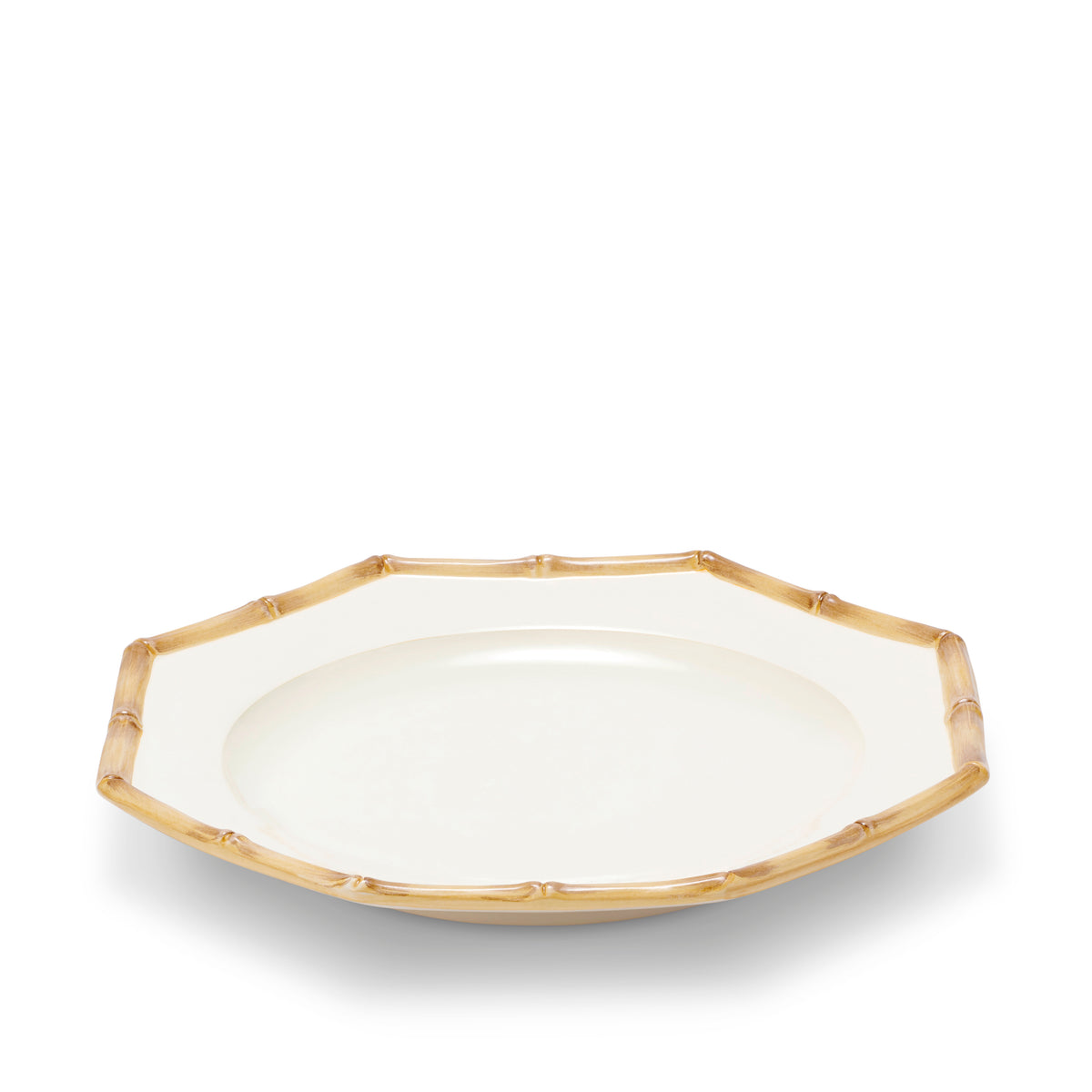 Top view of Caleen Dinner Plate showcasing geometric shape and hand-painted bamboo rim on a white background