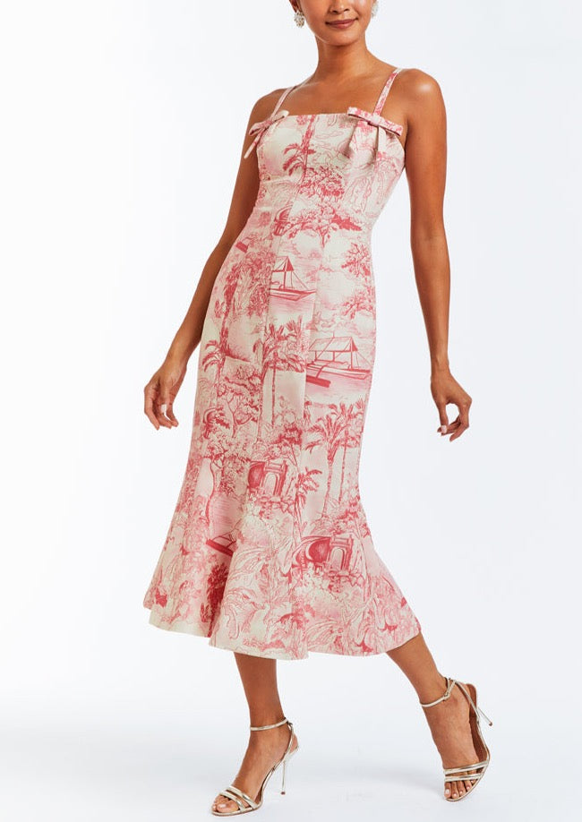 Calista Midi Dress in Pink & Ivory Tropical Toile