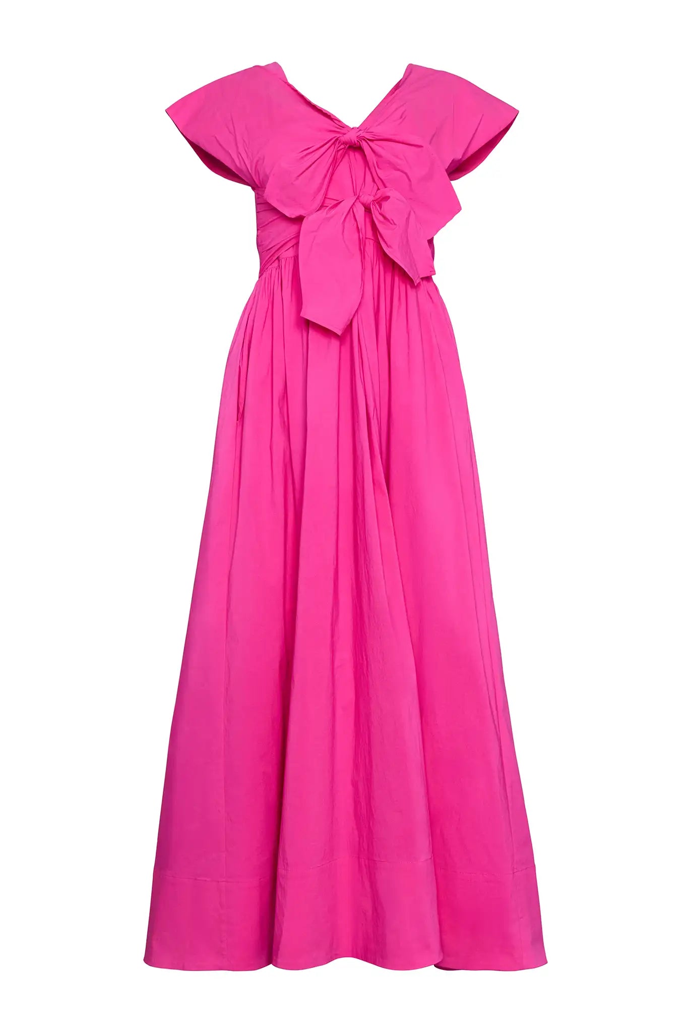 The Calista Dress in bright fuchsia has a tie-front bodice and full skirt.