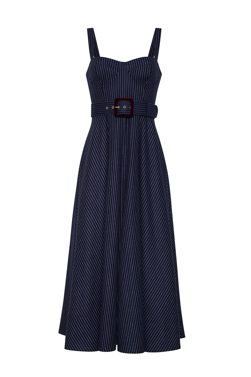 Calypso Dress in Navy Chalk Stripe