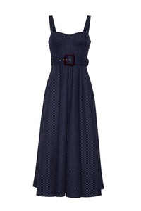 Calypso Dress in Navy Chalk Stripe