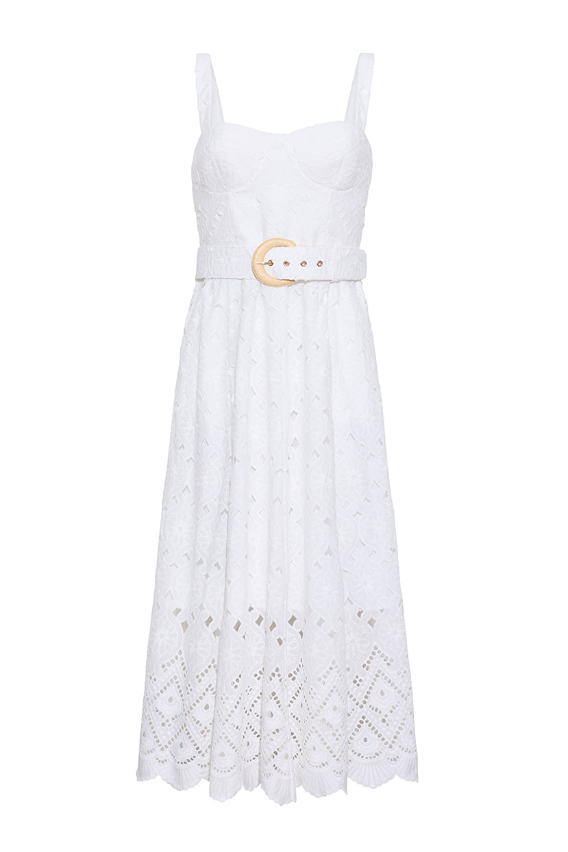 Calypso Dress in Trellis Eyelet White