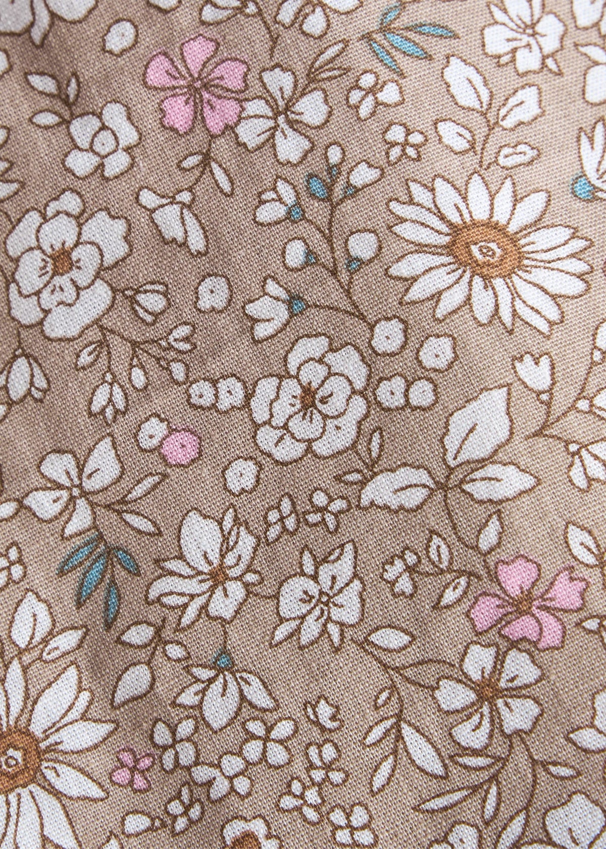 Little English traditional children's clothing. Tan, white, and pink Camden Floral fabric swatch