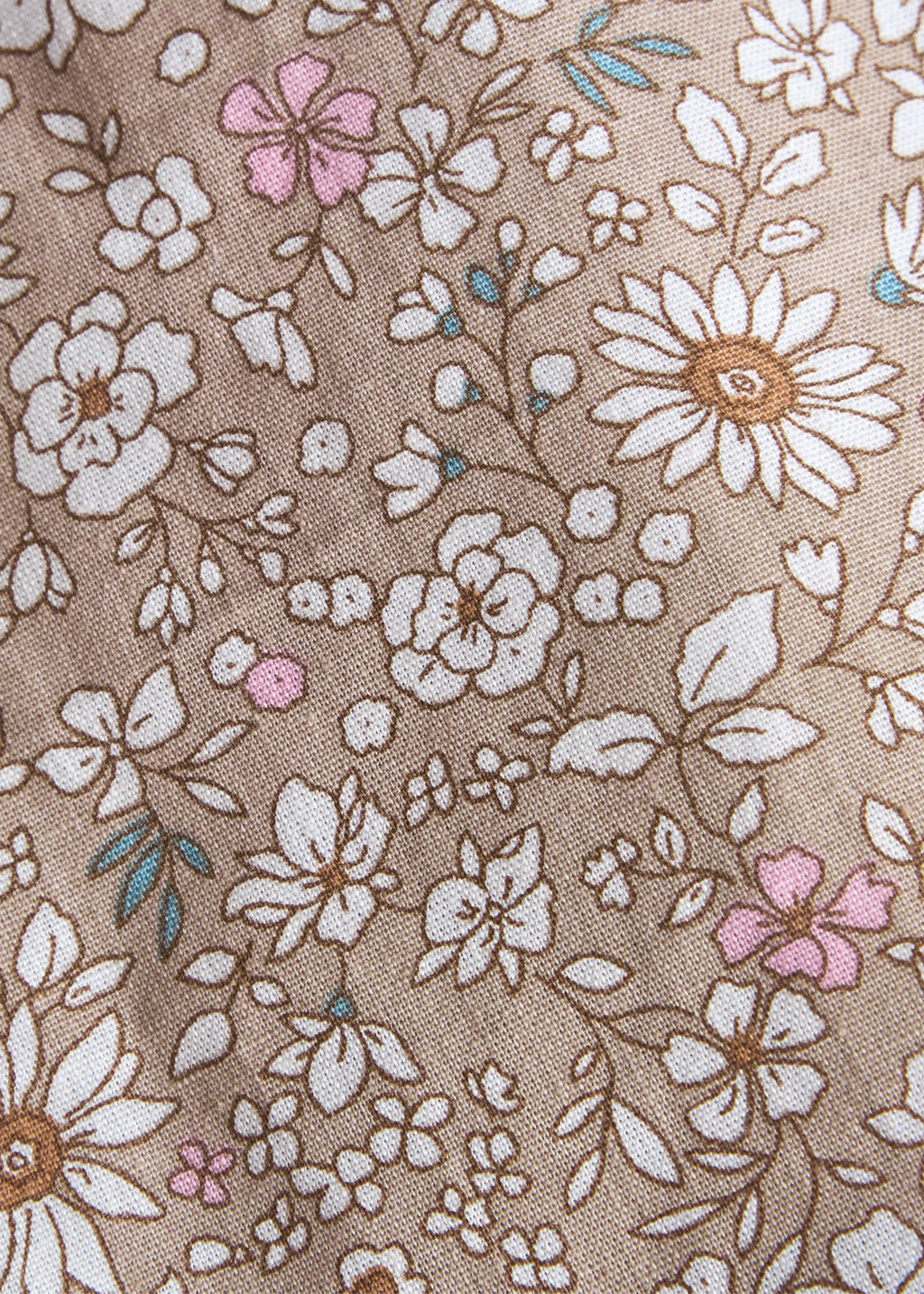 Little English traditional children's clothing. Tan, white, and pink Camden Floral fabric swatch