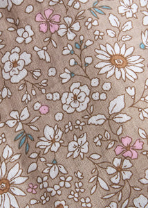 Little English traditional children's clothing. Tan, white, and pink Camden Floral fabric swatch
