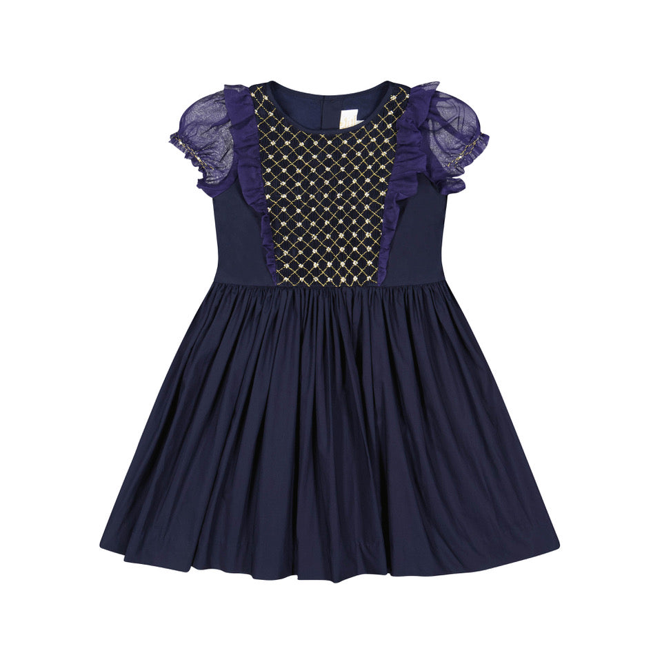 Camelia Navy Cotton Smocked Dress