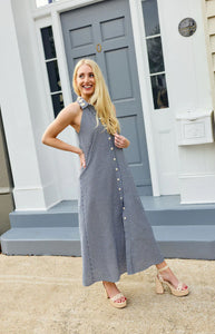 Cami Collar Dress in Navy Gingham with Cream Crochet Applique