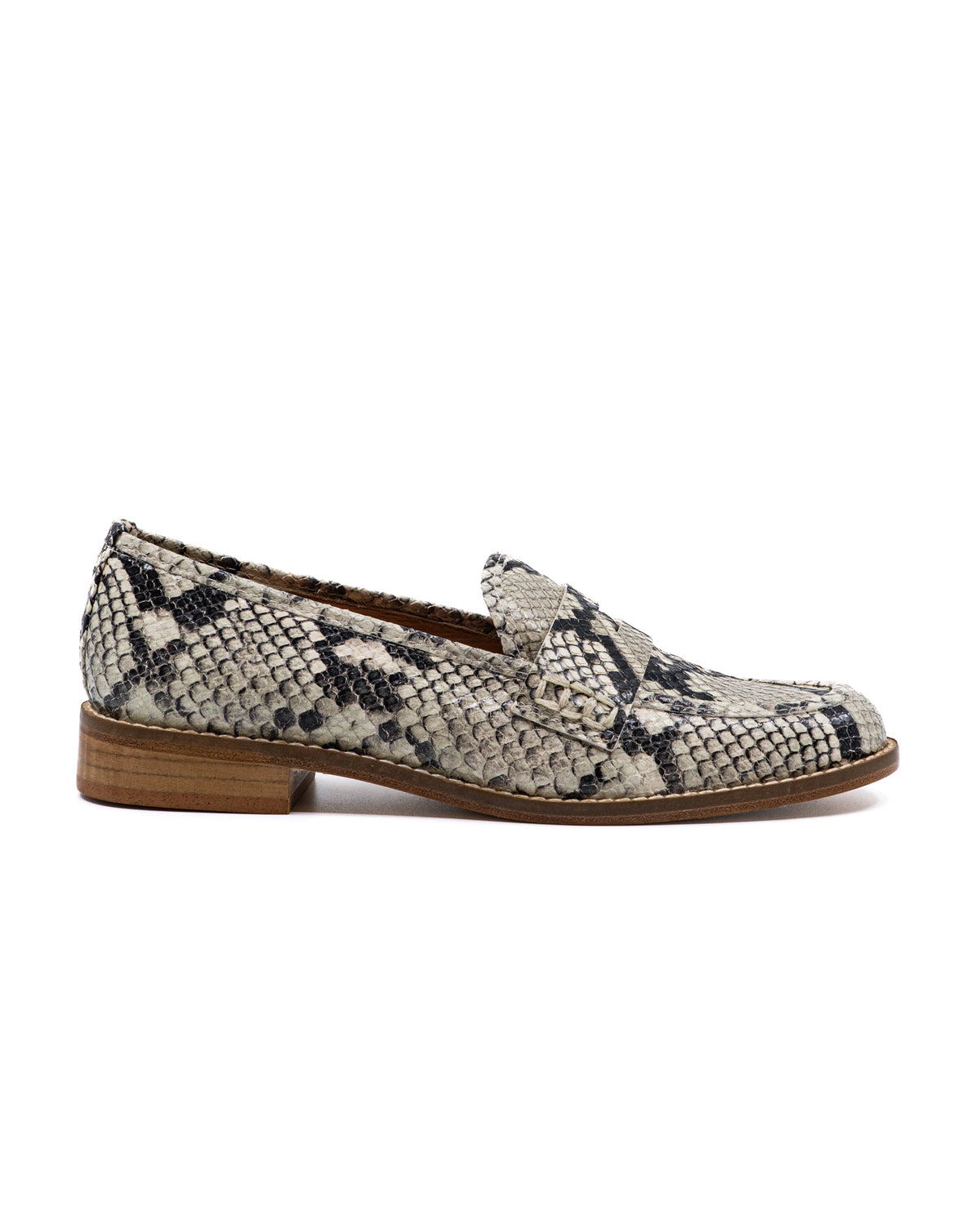 Side view of Camila faux-python loafer in grey showcasing textured upper and low stacked heel on white background