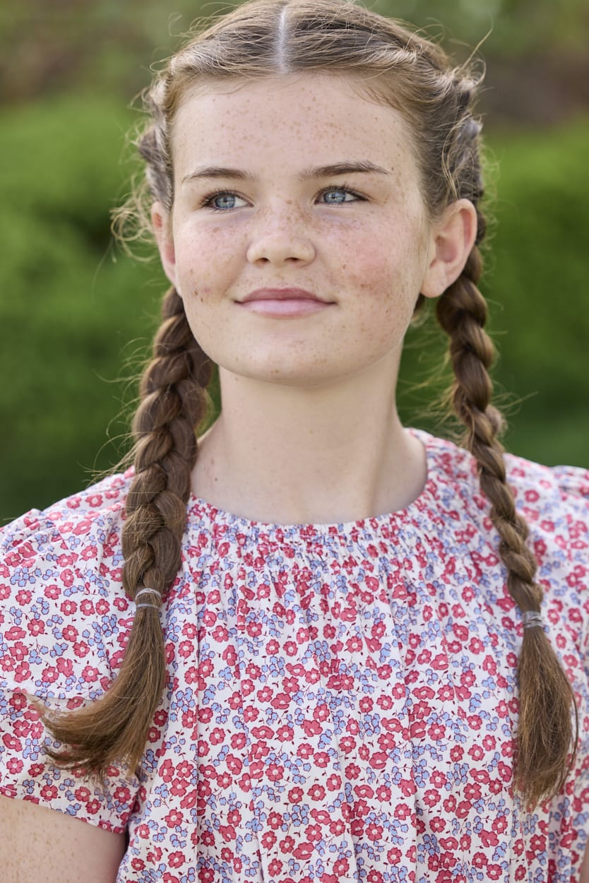 Little English traditional children's clothing.  Soft blue and raspberry red Lennox Floral short sleeve dress with elastic waist