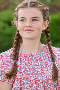 Little English traditional children's clothing.  Soft blue and raspberry red Lennox Floral short sleeve dress with elastic waist